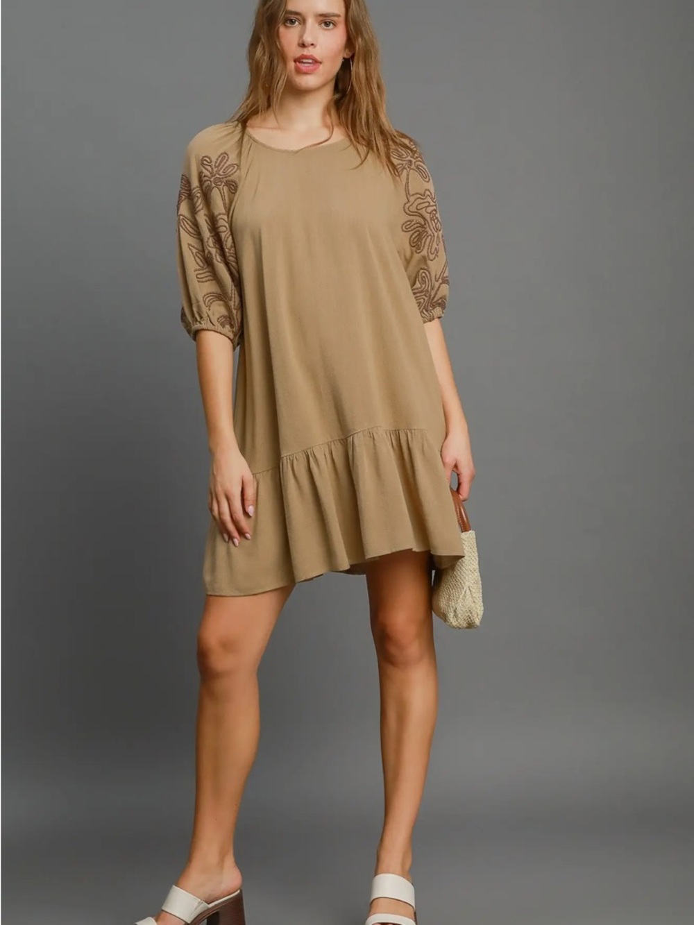Umgee Linen Embroidered Puff-Sleeve Mini Dress Size Small NWTS
